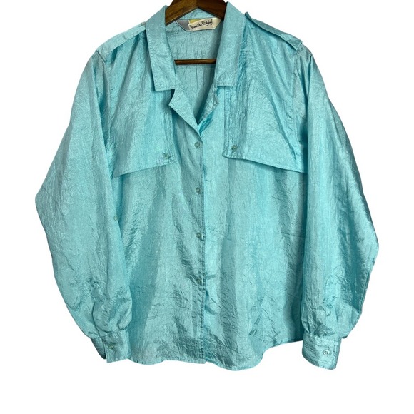 Vintage Diane von Furstenberg Aqua Blue Button Up Crinkle Blouse DVF Top Size 6 - Picture 3 of 9